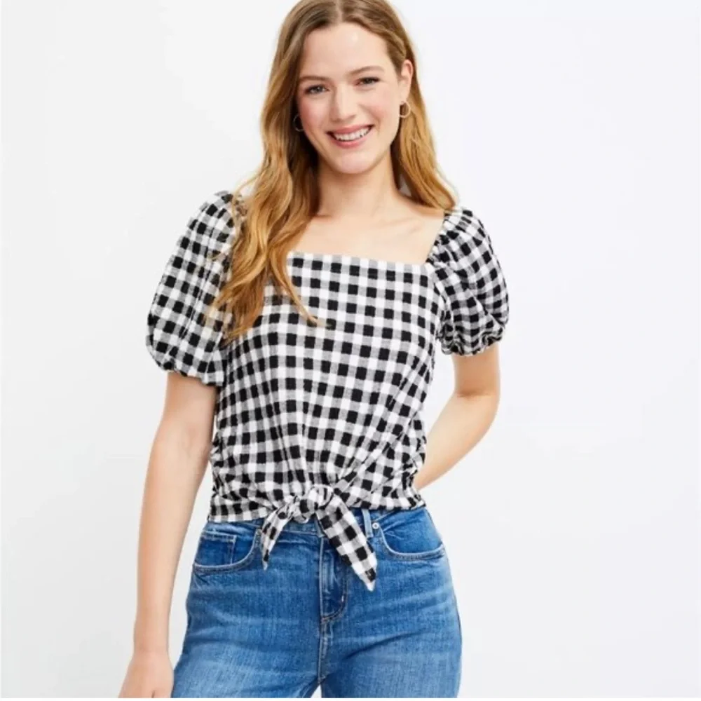 LOFT Black and White Gingham Top small